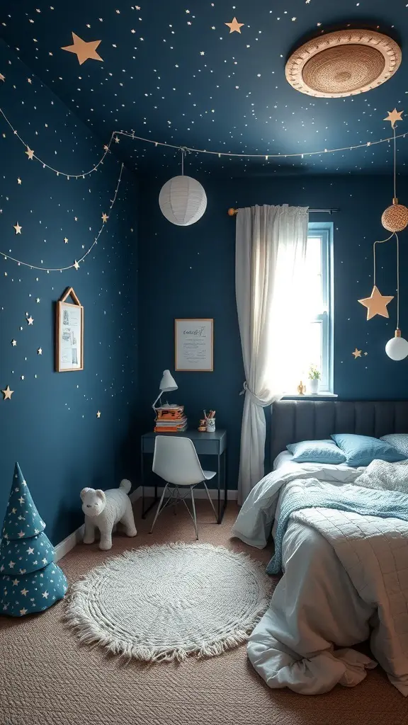 37+ Stunning Dark Blue Bedroom Ideas for a Cozy Retreat 9 A cozy dark blue bedroom with a starry night theme, featuring gold stars on the ceiling, a comfortable bed, and playful decor.