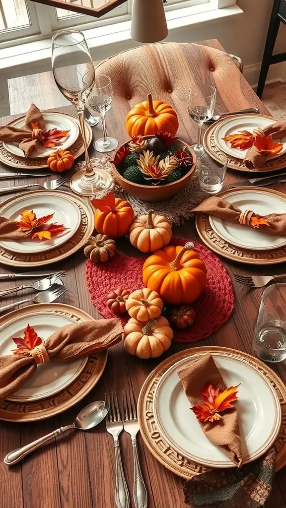 37+ Creative Indoor Fall Decorations You’ll Love 19 A beautifully set table for fall with pumpkins, leaves, and elegant tableware.