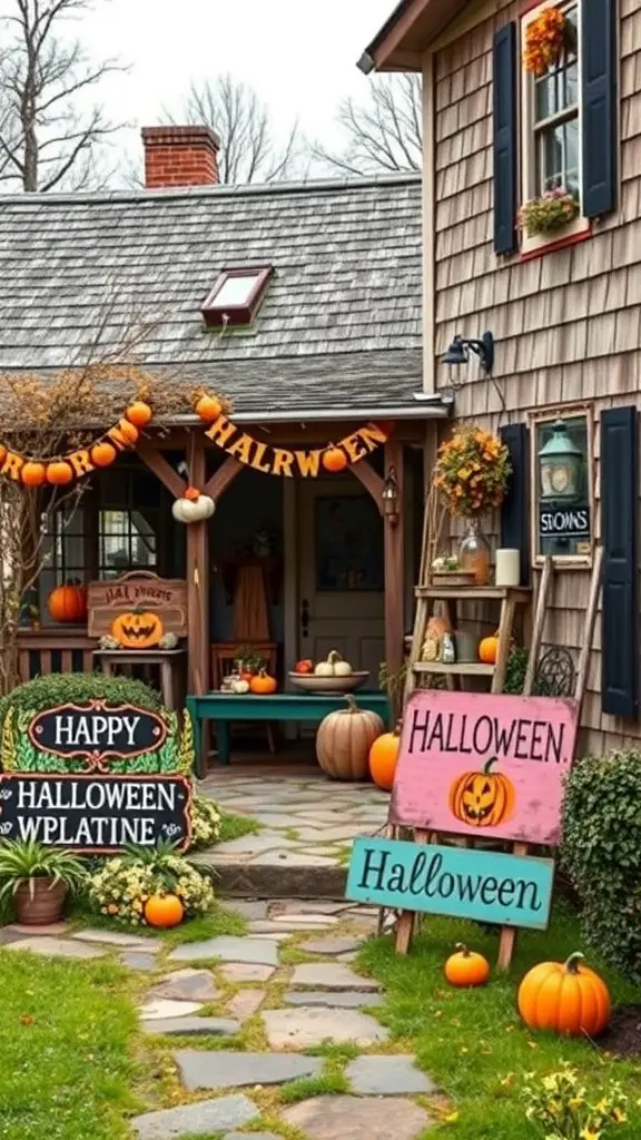 A cozy farmhouse entrance decorated with hand-painted Halloween signs and pumpkins.