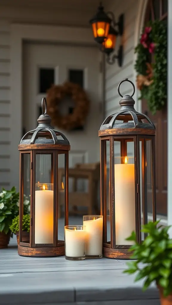 23+ Festive Front Porch Christmas Decor Ideas You’ll Love 9 Two charming lanterns with candles on a front porch, surrounded by greenery and a festive wreath.
