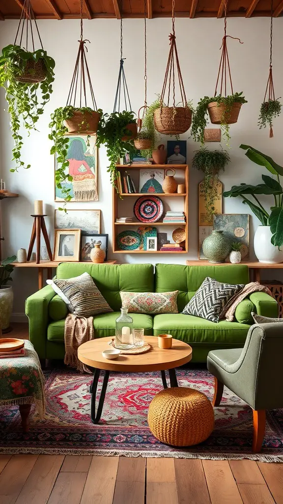 27+ Stunning Green Couch Living Room Ideas You’ll Love 6 A cozy living room featuring a vibrant green sofa, hanging plants, and a colorful rug.