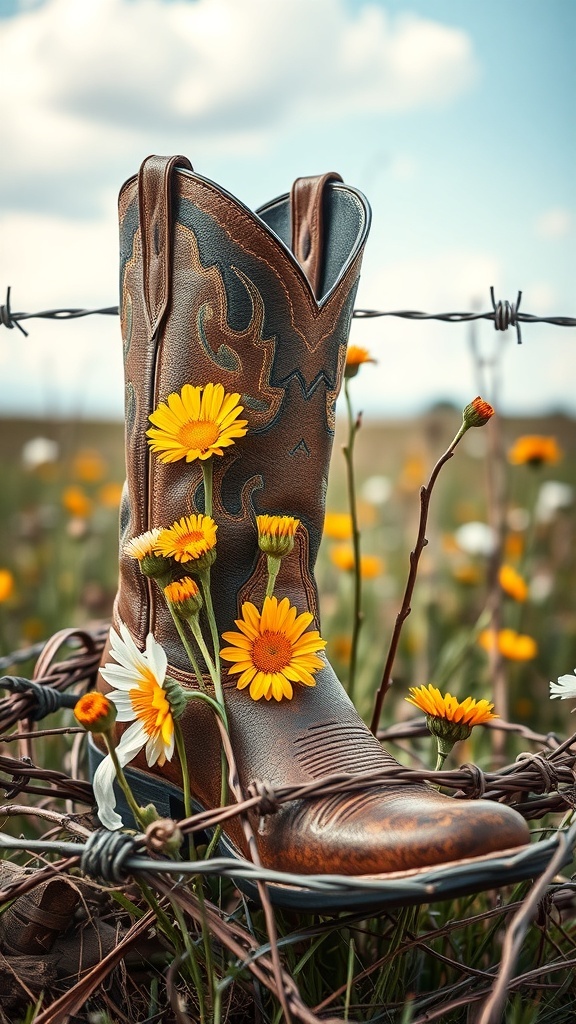 25+ Creative Cowboy Boot Centerpieces for Your Next Event 17 A cowboy boot surrounded by flowers and barbed wire, set against a blue sky.
