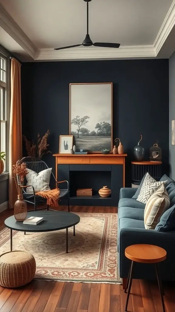 29+ Stunning Navy Blue Living Room Ideas to Transform Your Space 14 A navy blue living room featuring earthy tones with wooden furniture and decorative elements.