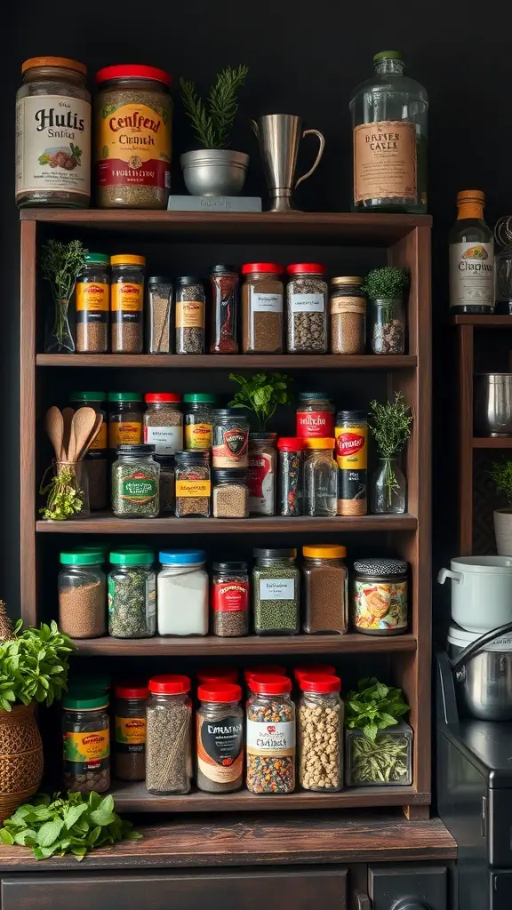 29+ Essential Items for a Cozy Dark Cottagecore Kitchen 12 Eclectic spice rack filled with various jars and herbs in a dark cottagecore kitchen