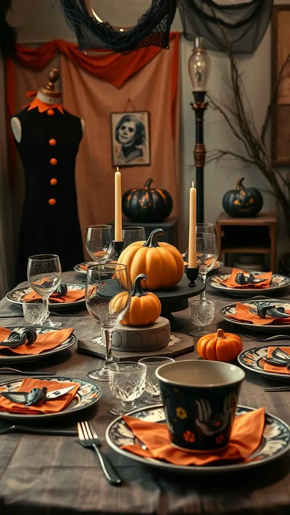 27+ Enchanting Vintage Halloween Decorations to Elevate Your Spooky Season 15 A beautifully arranged Halloween table with vintage tableware, featuring black and orange colors, pumpkins, and elegant glassware.