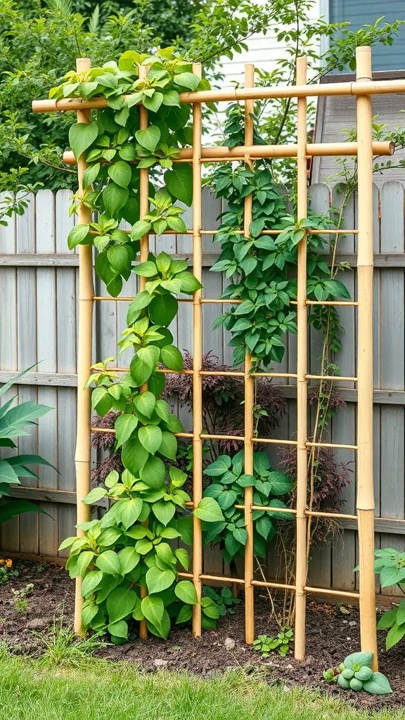 21+ Budget-Friendly Garden Ideas to Transform Your Outdoor Space 18 A simple bamboo trellis supporting green climbing plants in a garden.