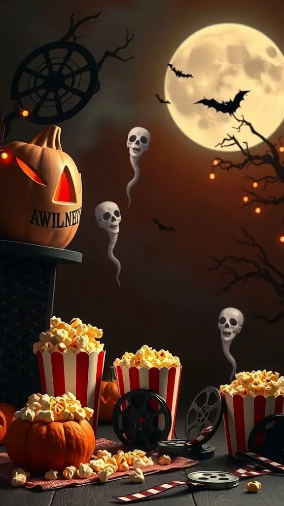 A Halloween-themed setup with a glowing pumpkin, popcorn buckets, film reels, and spooky decorations.