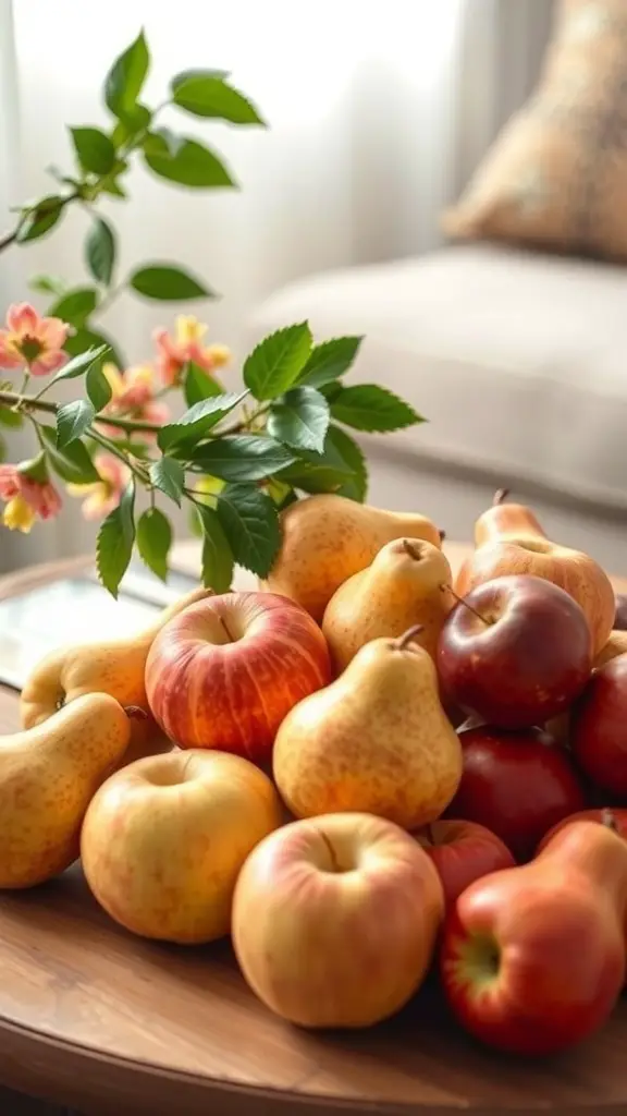 A cozy coffee table with a display of colorful apples and pears, complemented by greenery.
