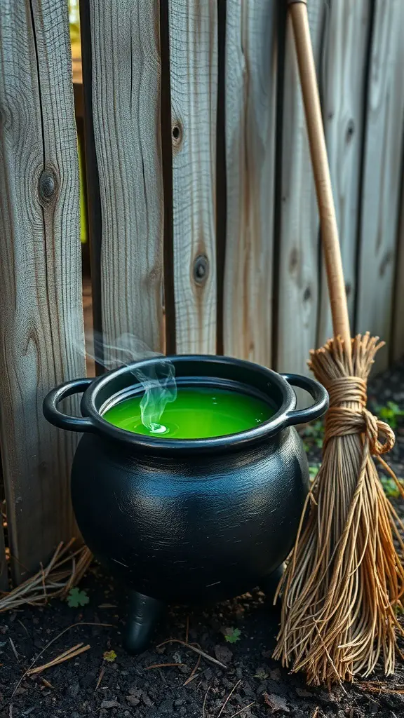 31+ Spooky Halloween House Decorations You Need This Season 13 A black cauldron with green liquid and steam next to a broomstick against a wooden fence.