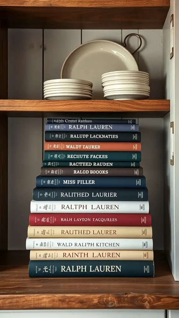 A collection of Ralph Lauren cookbooks on a wooden shelf with white plates above.