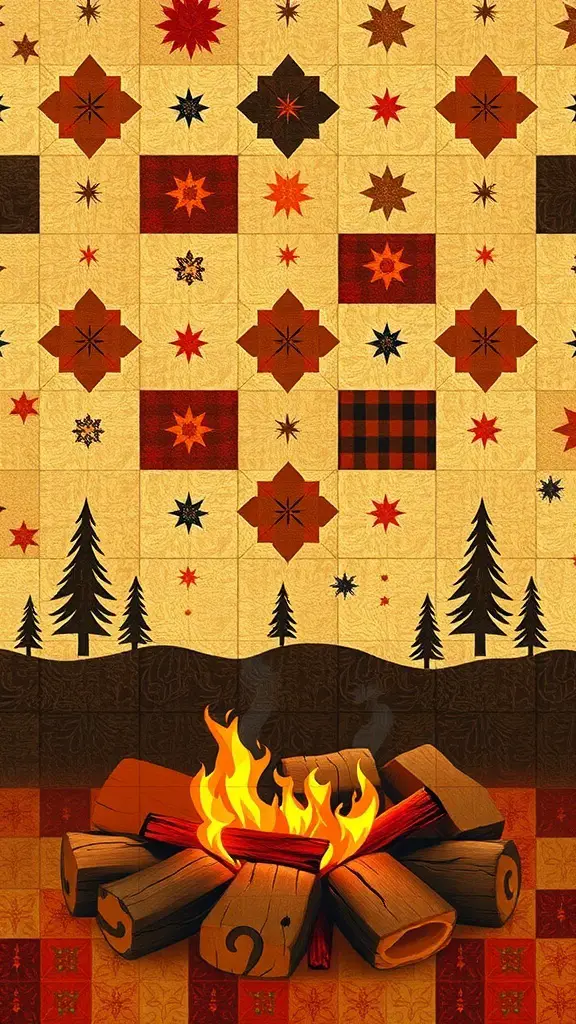 A quilt featuring warm colors and patterns inspired by bonfire nights, with a campfire design at the bottom.