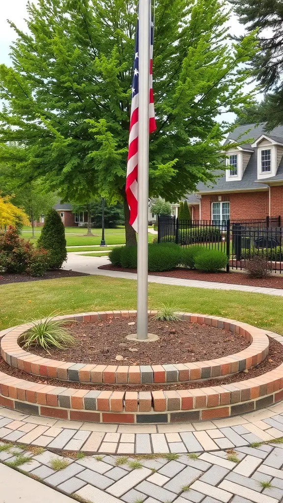 A landscaped area around a flag pole featuring circular brick edging and low-maintenance plants.