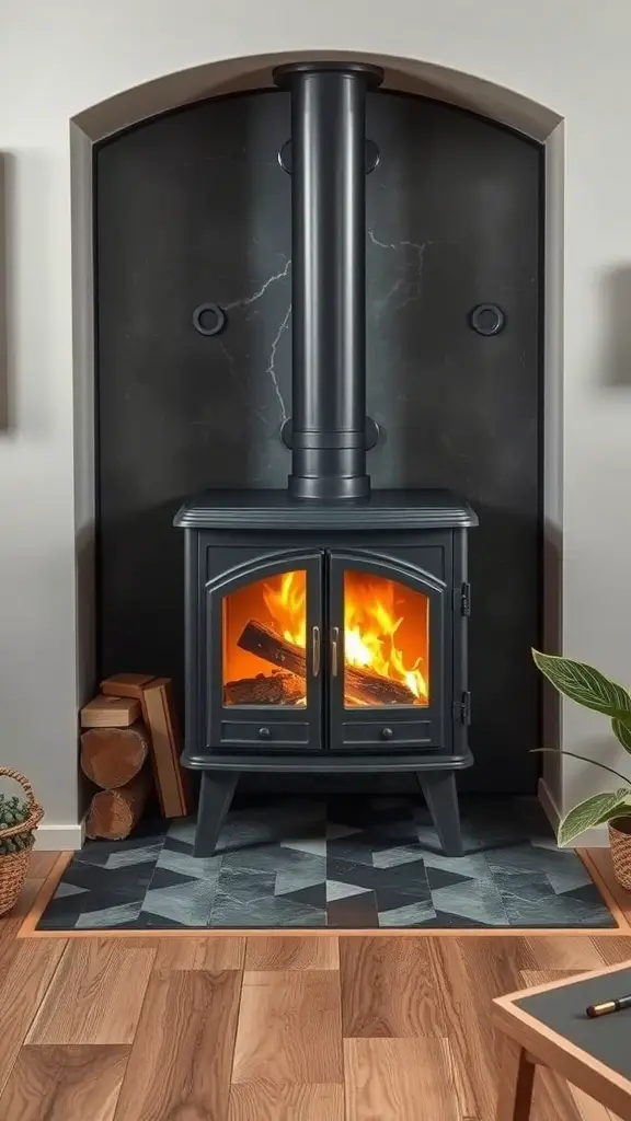 29+ Stunning Wood Stove Fireplace Surround Ideas to Warm Up Your Home 6 A modern wood stove fireplace with a black metal finish and geometric tile pattern.