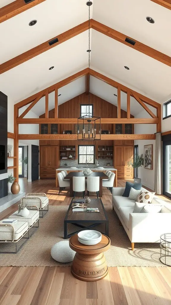35+ Unique Pole Barn House Plans You'll Love 5 Interior view of an open concept barn house featuring a living area, dining table, and kitchen with wooden beams and large windows.