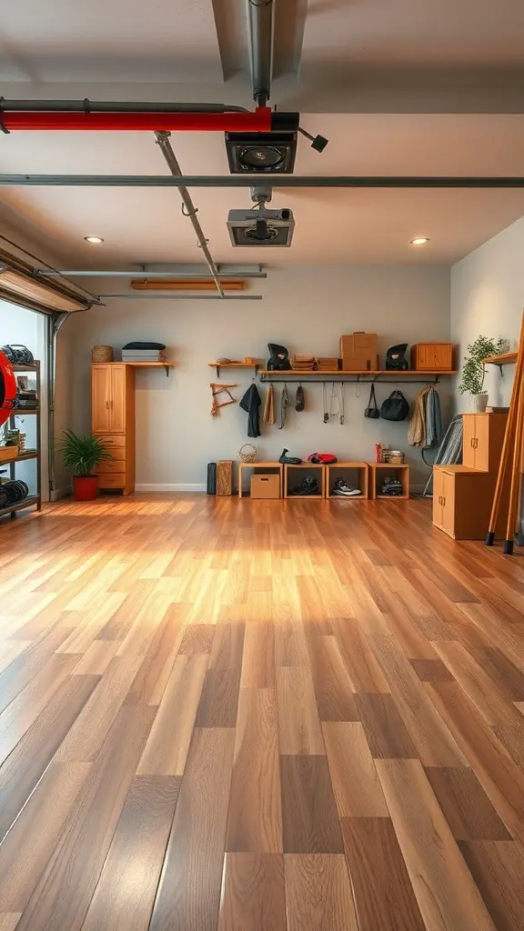 25+ Creative Garage Tile Floor Ideas to Transform Your Space 18 A garage with wood-look tile flooring, organized storage, and bright lighting.