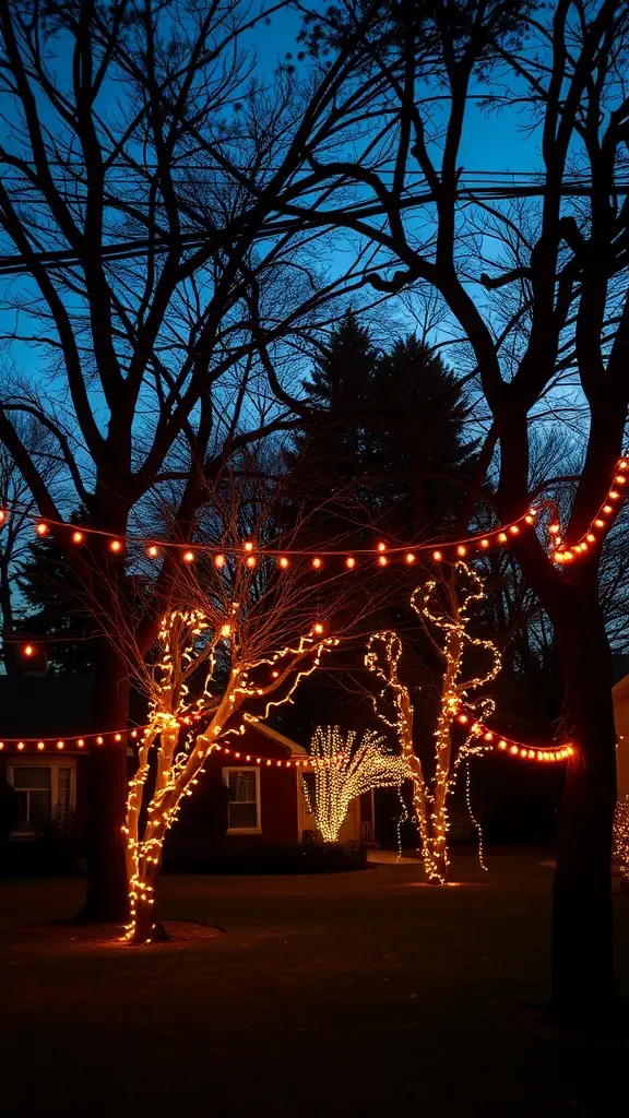 String lights hanging between trees in a cozy outdoor setting.