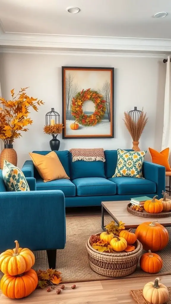 A cozy blue and orange living room decorated for fall with pumpkins and autumn decor.