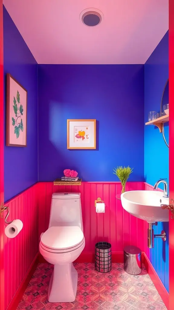 27+ Stunning Statement Powder Room Ideas to Transform Your Space 9 A vibrant powder room featuring bold blue and pink walls, decorative artwork, and stylish fixtures.