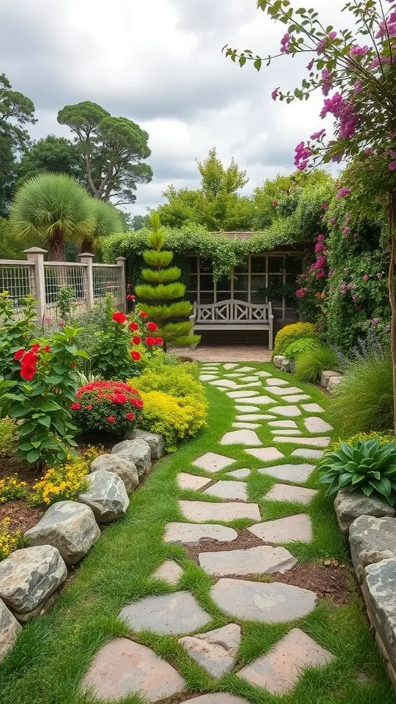 29+ Creative Street Garden Ideas for a Stunning Urban Oasis 19 A garden pathway made of stones surrounded by colorful flowers and greenery.