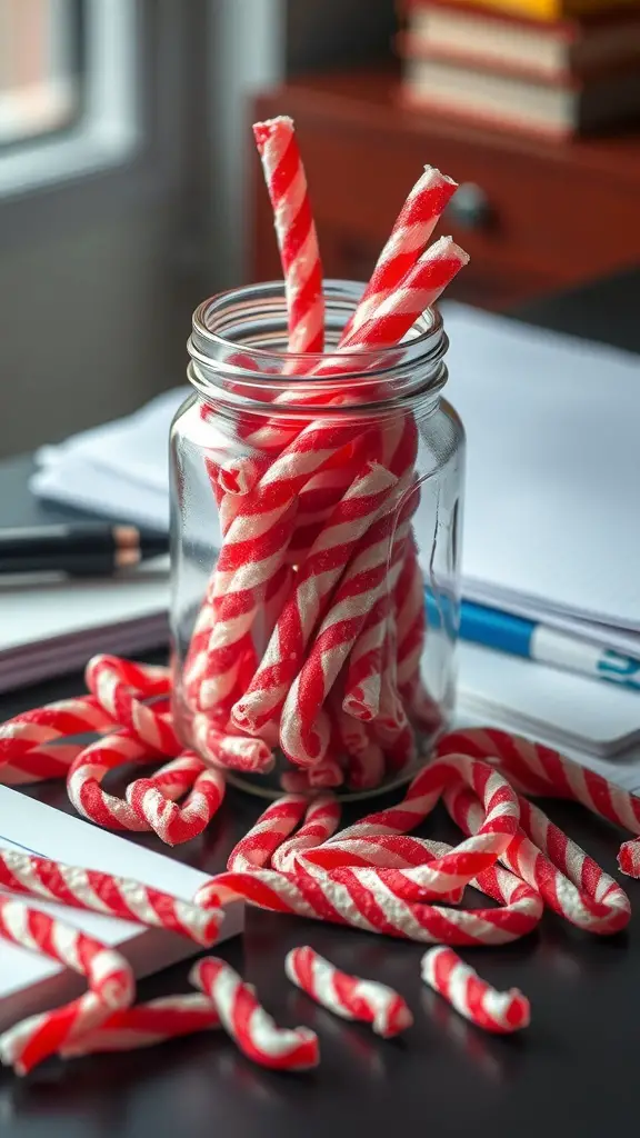 21+ Creative Office Candy Jar Ideas to Sweeten Your Workspace 18 A glass jar filled with red and white striped licorice twists, surrounded by scattered pieces on a desk.