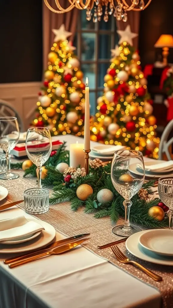 29+ Christmas Table Settings to Inspire Your Holiday Feast 3 Elegant Christmas table setting with gold accents, featuring a festive atmosphere with decorated trees in the background.