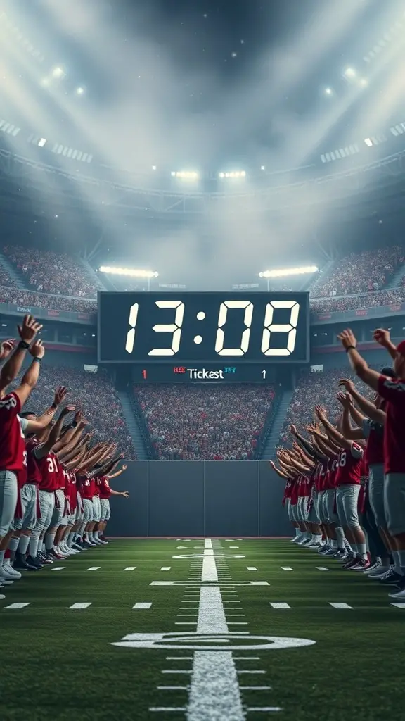Football game kickoff countdown with players celebrating