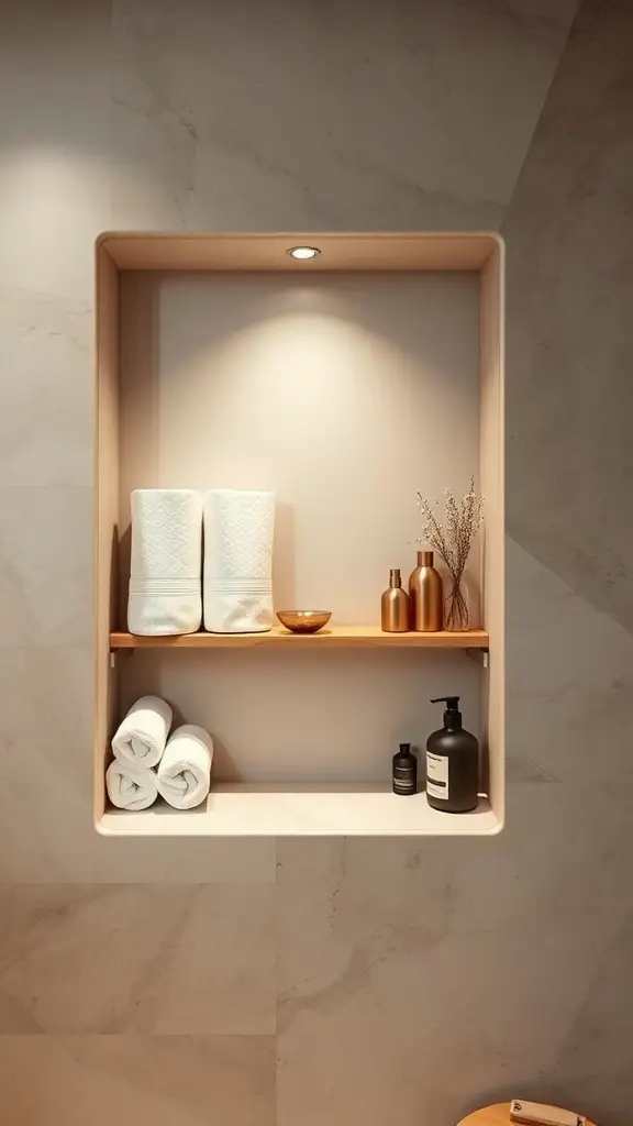 Niche shelving in a small bathroom displaying neatly arranged towels and decorative items.