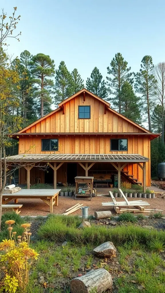 35+ Unique Pole Barn House Plans You'll Love 4 A wooden pole barn surrounded by trees and greenery.