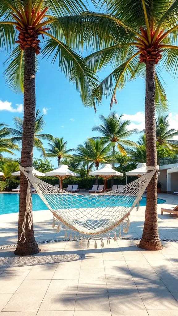 A cozy hammock strung between palm trees near a tropical pool, with lounge chairs and umbrellas in the background.