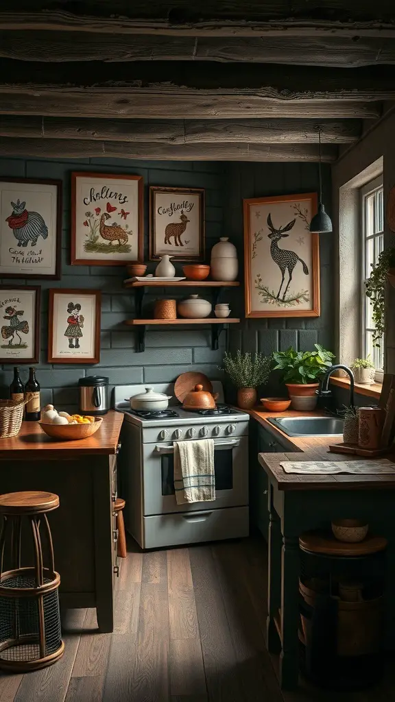 29+ Essential Items for a Cozy Dark Cottagecore Kitchen 10 A cozy dark cottagecore kitchen featuring whimsical wall art with animal illustrations.