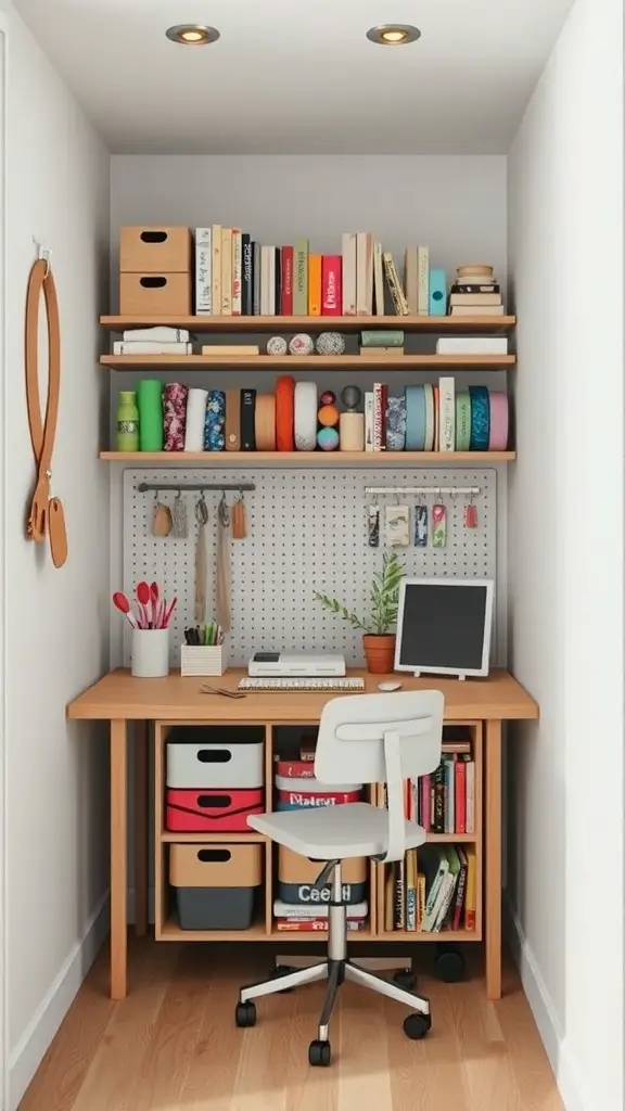 A compact workspace featuring organized ribbon storage, books, and a pegboard for tools.