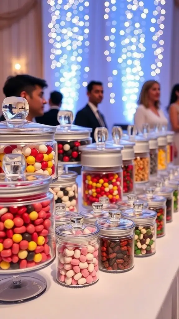 A display of colorful candy jars at an event with twinkling lights in the background.