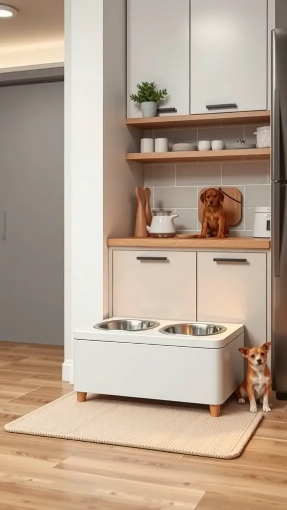 A compact dog feeding station with two bowls and a storage compartment, set in a modern kitchen.