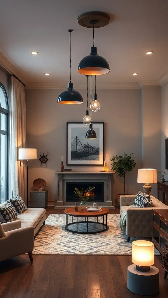 29+ Stunning Navy Blue Living Room Ideas to Transform Your Space 10 A cozy living room featuring navy blue lighting fixtures, warm lighting, and stylish decor.