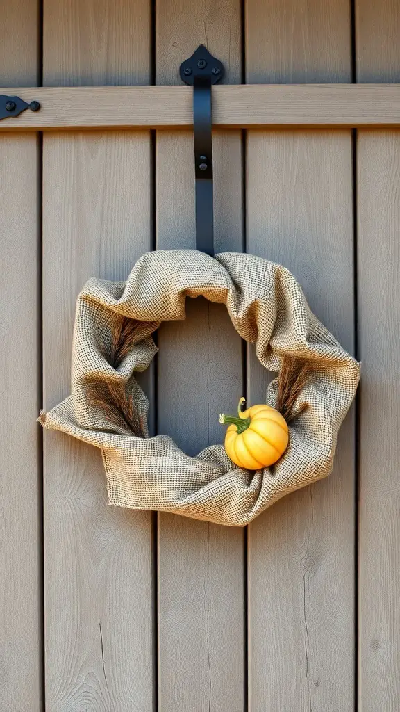 A burlap pumpkin wreath with a small yellow pumpkin, hanging on a wooden door.