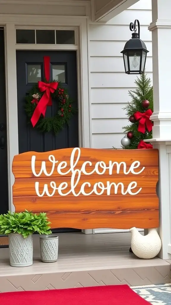 A wooden welcome sign on a porch with festive decorations including a wreath and potted plants.