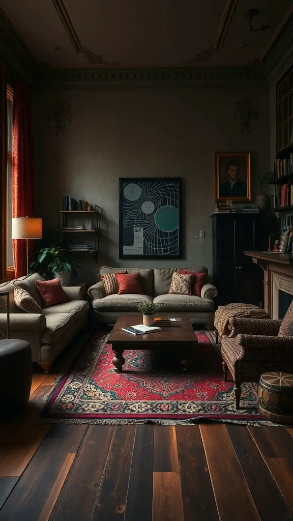 25+ Dark Academia Living Room Essentials You Need for a Cozy Aesthetic 16 A cozy dark academia living room featuring layered rugs, a comfortable sofa, and warm lighting.