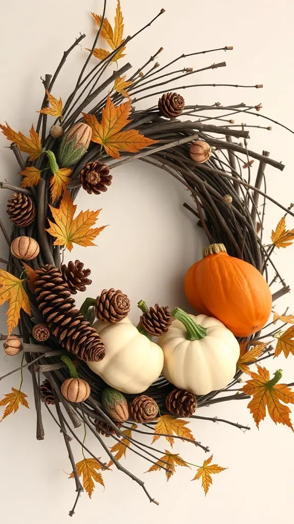 A wreath made of twigs, pinecones, and pumpkins, showcasing natural elements for fall decor.