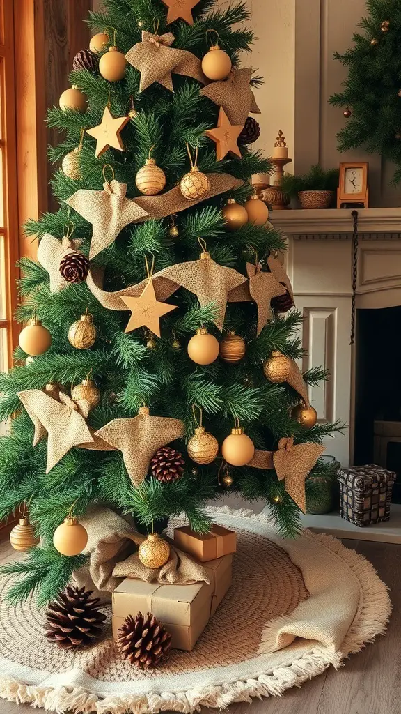 27+ Stunning Christmas Tree Décor Ideas You’ll Love 4 A beautifully decorated Christmas tree with burlap ribbons, wooden stars, golden ornaments, and pinecones, set in a cozy room.