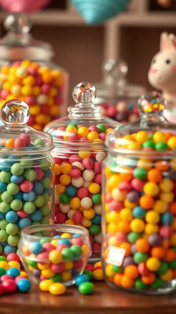 Colorful candy jars filled with various candies for a kids' party.