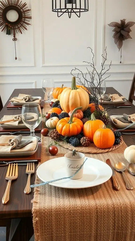 A rustic farmhouse table set for Halloween with a burlap runner, pumpkins, and autumn accents.