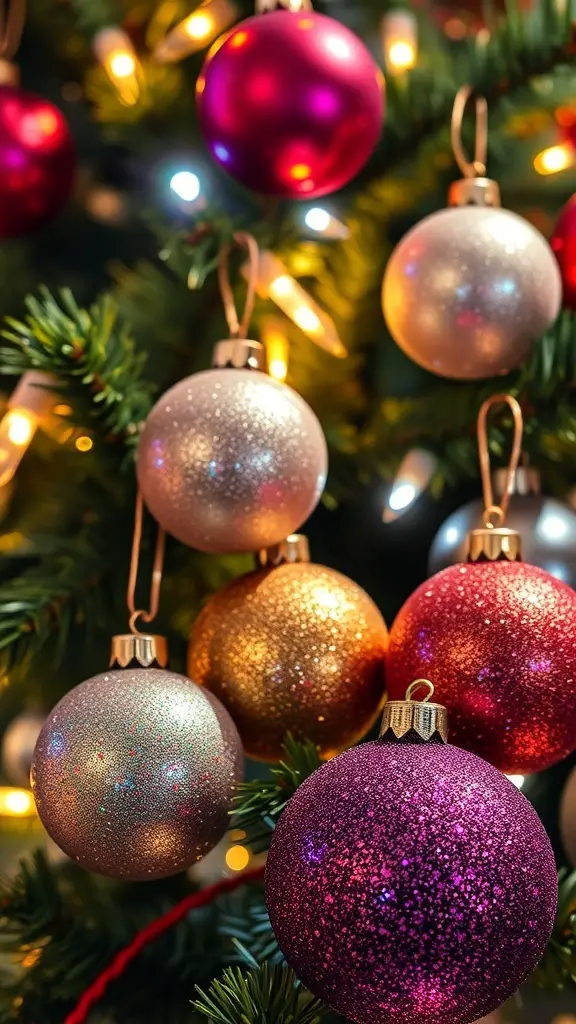 Colorful glitter ball ornaments hanging on a Christmas tree