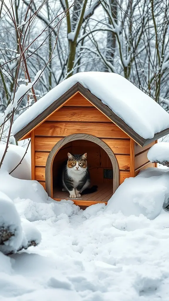 31+ Creative Outdoor Cat House Ideas for Your Feline Friend 12 A cozy wooden cat house covered in snow, with a cat sitting at the entrance.