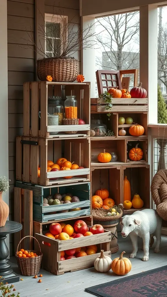 A cozy fall porch decorated with rustic wooden crates filled with fruits and pumpkins, creating a warm atmosphere.