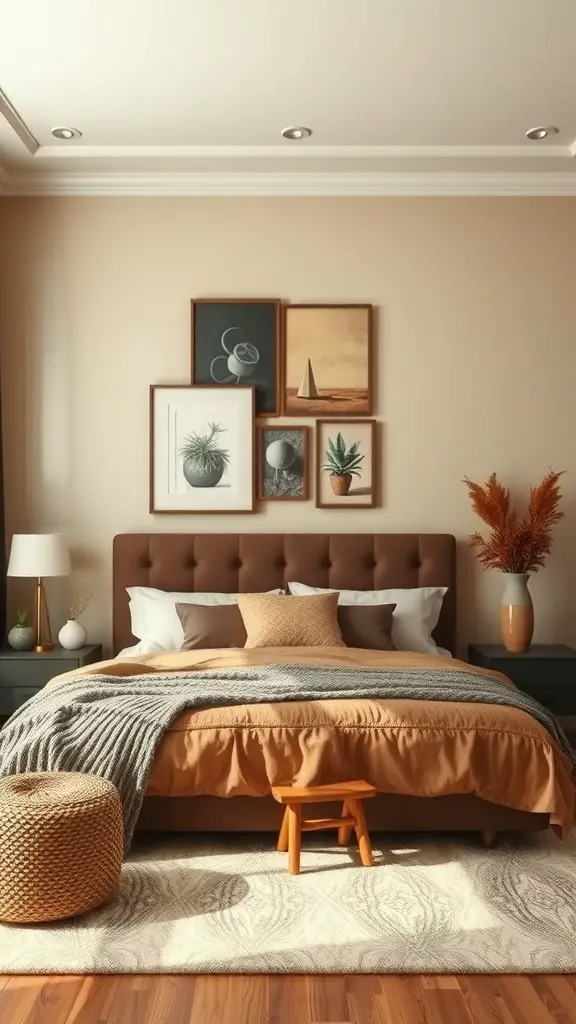 31+ Inspiring Brown and Cream Bedroom Decor Ideas 7 A cozy brown and cream bedroom featuring wall art and decor.