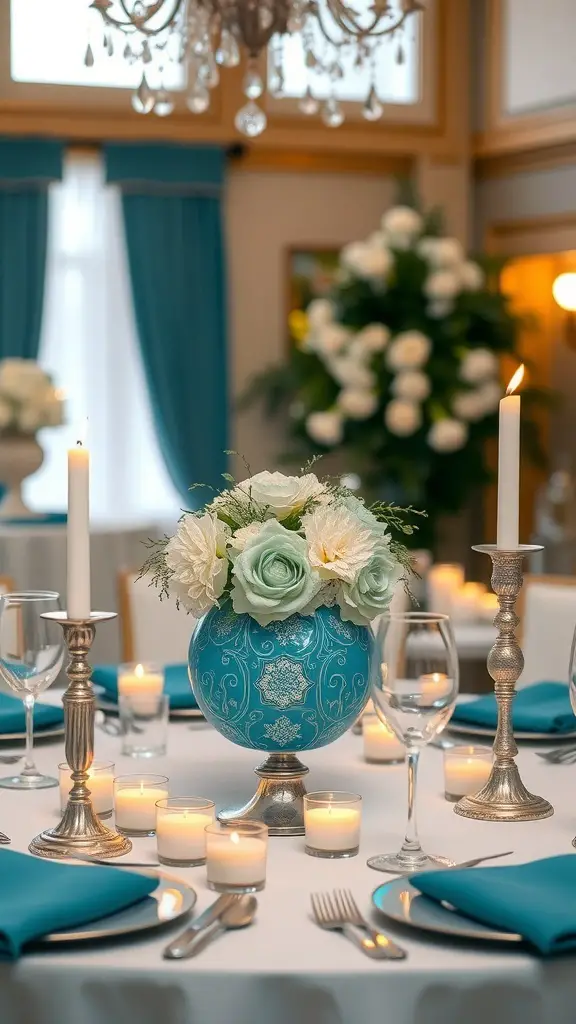 37+ Stunning Blue Christmas Decor Ideas for a Festive Winter Wonderland 13 A beautifully set table featuring a turquoise vase with flowers, silver candlesticks, and tealights.