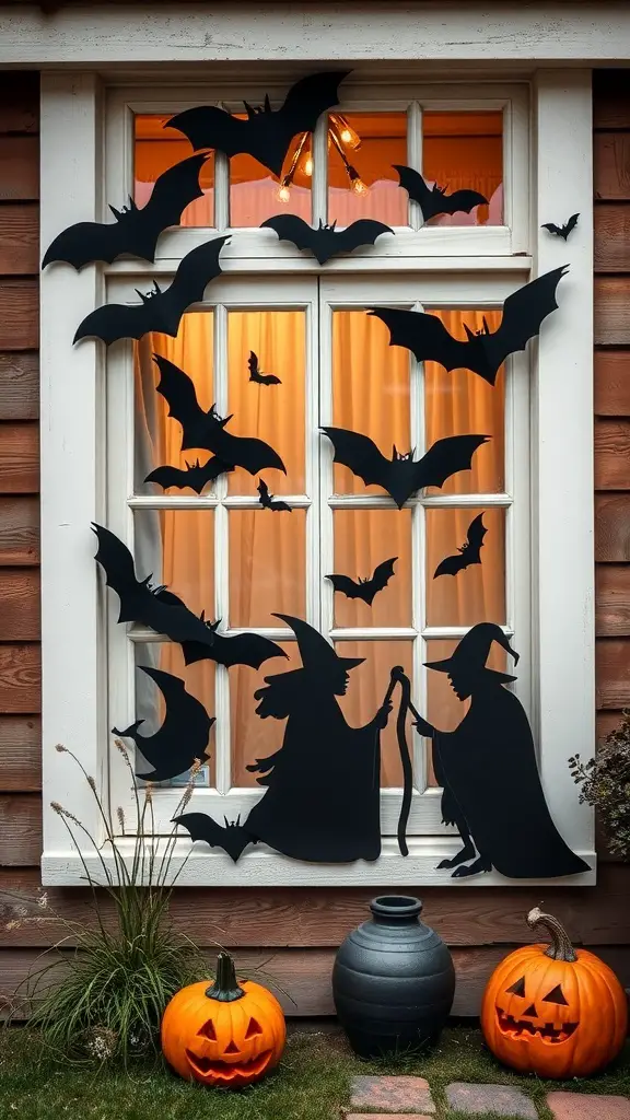 A farmhouse window decorated with black silhouettes of witches and bats, with pumpkins on the porch.
