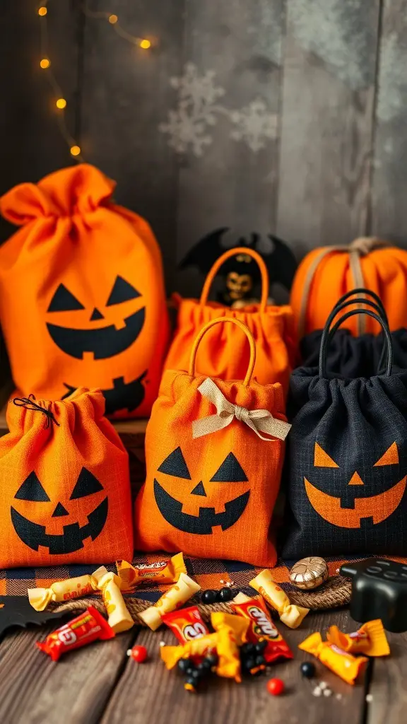 Colorful sewn trick-or-treat bags with jack-o'-lantern designs and candy scattered around