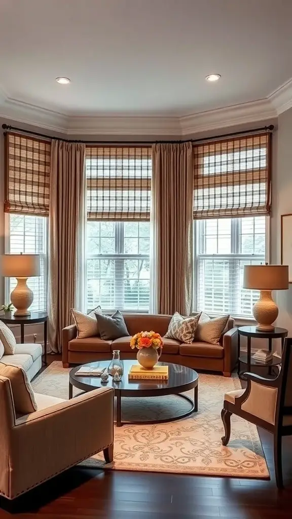25+ Stunning Ralph Lauren Living Room Ideas for a Classic Makeover 20 A sophisticated living room featuring elegant window treatments with striped shades and flowing drapes.
