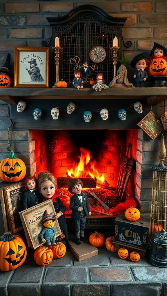 27+ Spooktacular Halloween Fireplace Decor Ideas You Need to Try 20 A vintage Halloween fireplace decorated with dolls, pumpkins, and spooky decor.